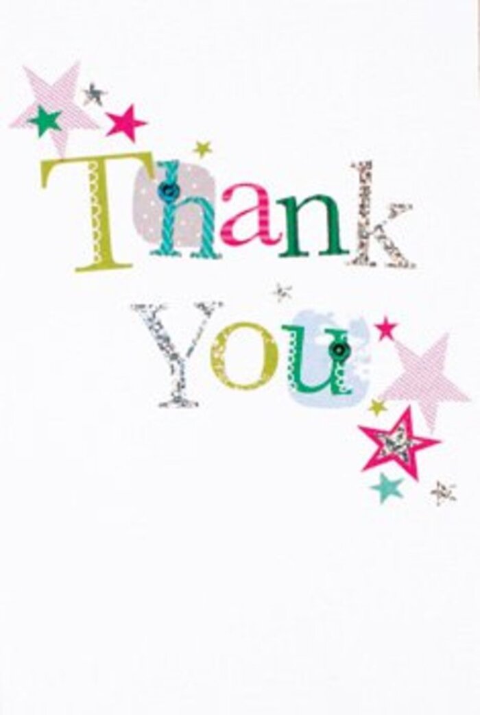 On this thank you card, a graceful parade of letters unfurls in a quiet burst of exuberance. Each character is individually styled-some dancing playfully with curving forms and joyful polka dots, others more poised, their elegance marked by fine stitched lines and subtle shine. Vibrant stars in sparkling pink, rich turquoise, and luminous silver cluster near the words, as if bestowing an extra blessing of cheer. The entire composition is set against an immaculate white, creating a feeling of openness and contemporary charm reminiscent of a relaxed afternoon along Alperton's canal paths. The delicacy of the design, neither overly formal nor too casual, offers universal warmth-a sincere thank you suitable for friends, neighbours, or a colleague at a local café. As a florist familiar with Alperton's rhythms, I know how this card, paired with fresh blooms, becomes more than a message; it's a gesture woven with care and artistry, delivering a sense of uplift as memorable as new flowers or heartfelt thanks shared on a sunny church green.