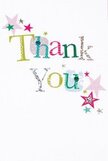 This thank you card radiates gentle joy, every detail crafted to lift the recipient's spirits the way a surprise bouquet can brighten a flat near Alperton Station. Playful typography spells out 'Thank You,' with each letter parading soft blues, cheery greens, gleaming silvers, and sun-bright yellows. Dots, stitched borders, and shimmering accents bring out the tactile charm of handmade design, echoing the care local florists pour into every arrangement. Stars in pink, teal, and silver seem to dance around the message on a serene white background, creating a mood of light, spacious calm-never crowded or cluttered. The feeling is one of sincere gratitude mingled with a hint of whimsy, like the first warm day of summer along the Grand Union Canal. You might imagine receiving this card alongside a fresh hand-tied bouquet, the textures and colors perfectly complementing each other, gratitude shimmering softly between every petal and printed word.